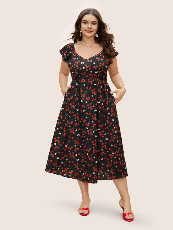 satin midi dressTomato Print Heart Neckline Ruffle Cap Sleeve Dress