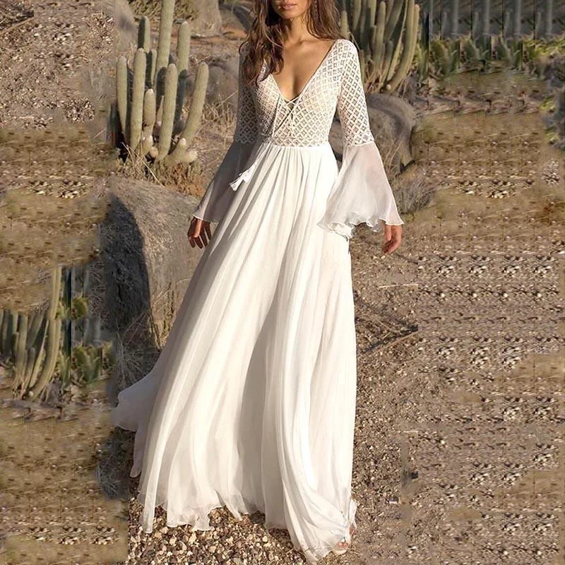 satin dressJuliaFashion-Long Flare Sleeve V-Neck White Hollow Lace Maxi Dress