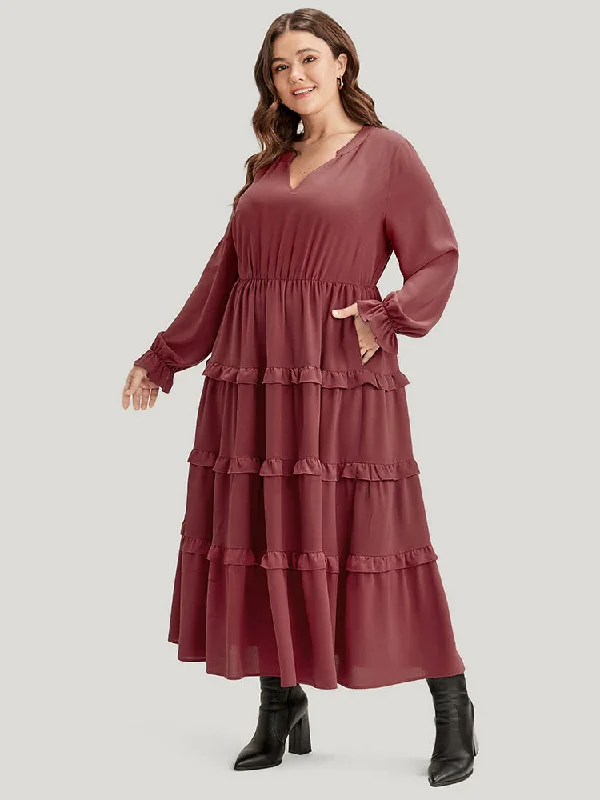 chic dressSolid Lantern Sleeve Pocket Ruffle Hem Dress