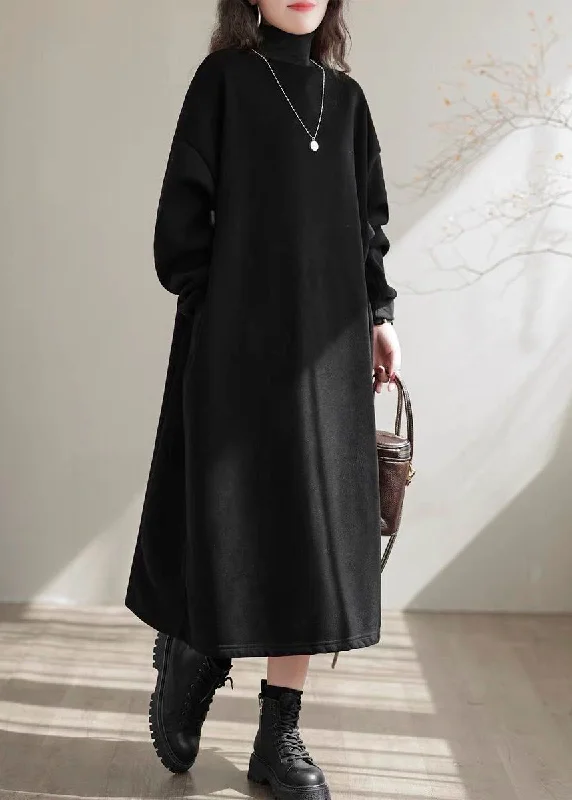 satin midi dressSimple Black Hign Neck Pockets Warm Fleece Long Dress Winter