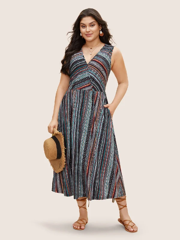 draped dressOverlap Collar Bandana Striped Sleeveless Dress