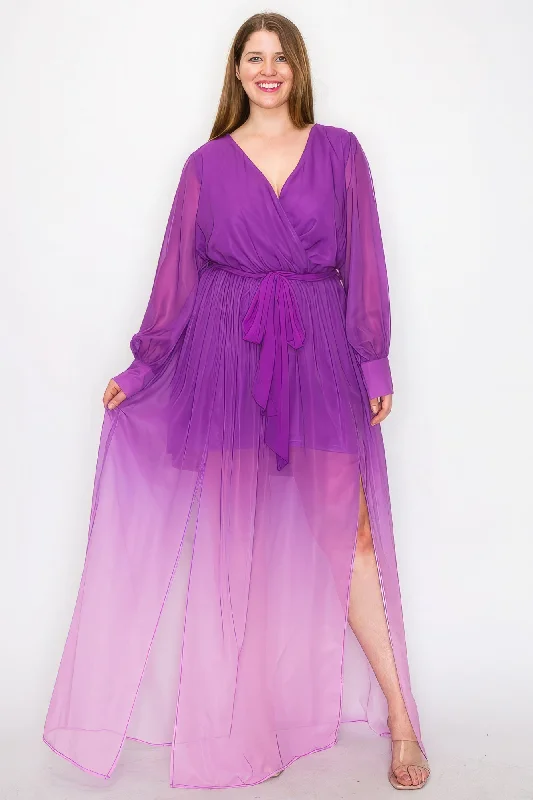 flowy maxi dressOmbre Chiffon Wrap Front Long Sleeve Tie Waist Slit Front Maxi Dress