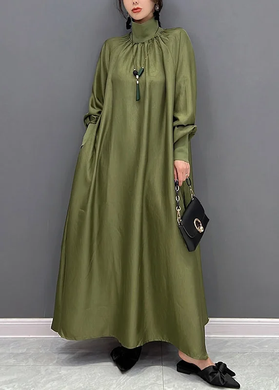 silk dressPlus Size Green Hign Neck Wrinkled Patchwork Silk Long Dresses Fall