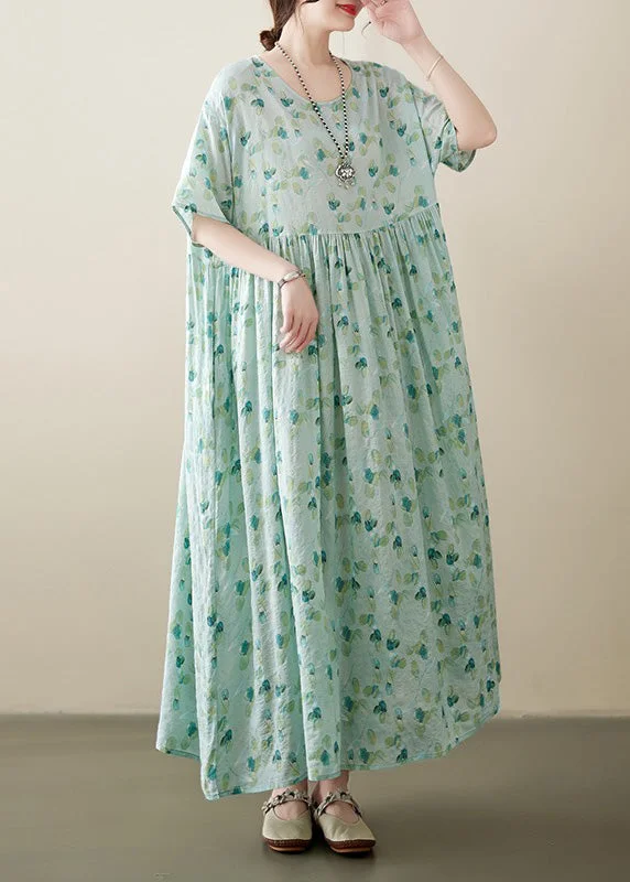 fitted cocktail dressPlus Size Light Green O-Neck Patchwork Print Cotton Holiday Maxi Dress Short Sleeve