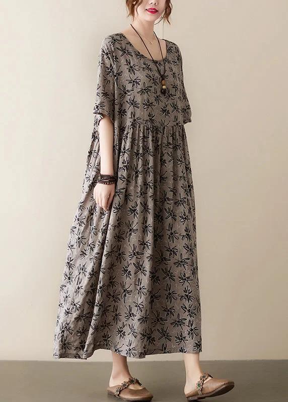 boho dressHandmade Grey O-Neck Print Cotton Maxi Dress Short Sleeve