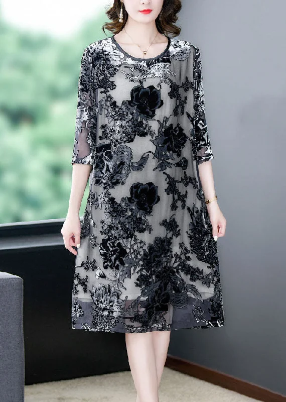 casual slip dressElegant Black Grey Embroideried Patchwork Silk Dresses Summer