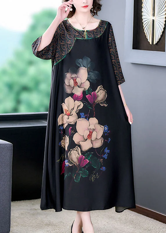 sleek midi dressNatural Black O Neck Floral Print Patchwork Silk Long Dresses Summer