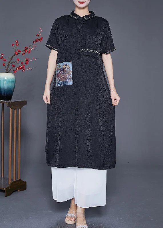 vintage dressSlim Fit Black Embroideried Applique Silk Dresses Summer