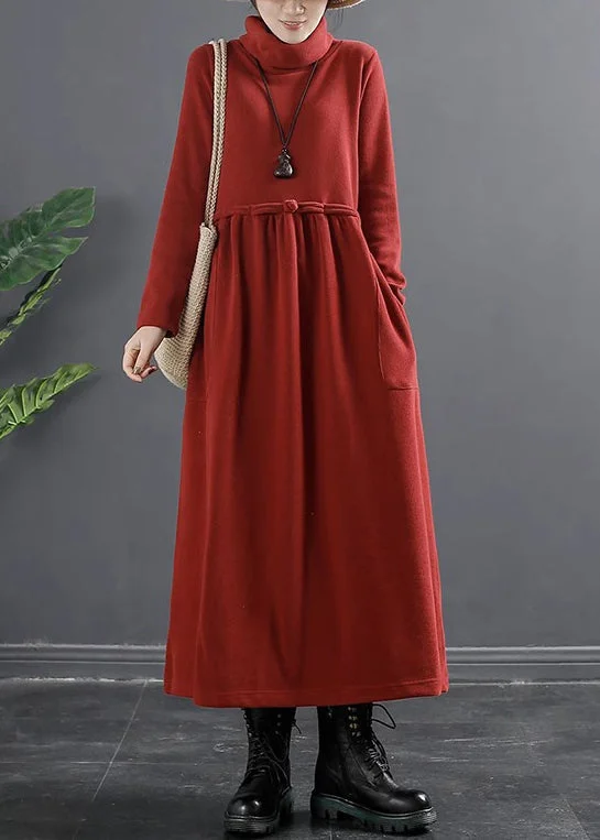 elegant maxi dressClassy Red Wrinkled Patchwork Thick Cotton Knit Long Dress Winter