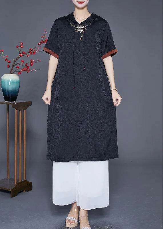 chic shift dressDIY Black Embroideried Hollow Out Silk Vacation Dresses Summer