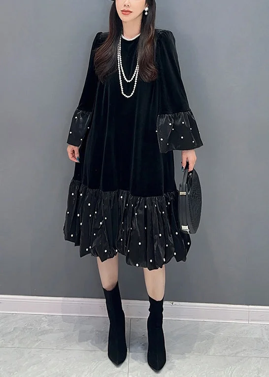 textured dressBlack Zircon Patchwork Silk Velvet Dress O Neck Long Sleeve