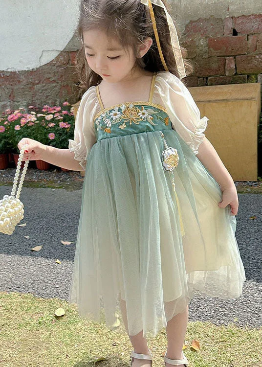 pleated dressCute Green Ruffled Embroideried Patchwork Chiffon Kids Girls Dresses Summer