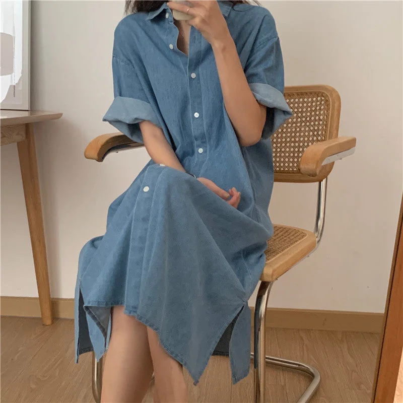 v-neck dressJulia Fashion - Lazy Casual Loose Lapel Denim Summer Dress