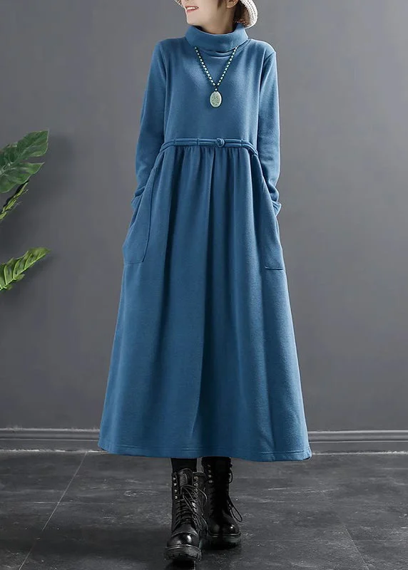 party-ready dressLake Blue Pockets Thick Cotton Knit Long Dresses Turtleneck Long Sleeve