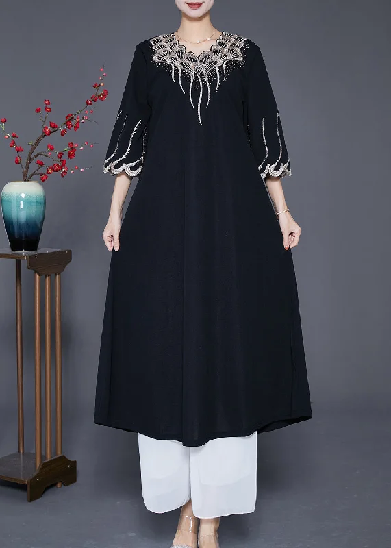 comfy maxi dressFrench Black Embroideried Zircon Exra Large Hem Long Dresses Summer