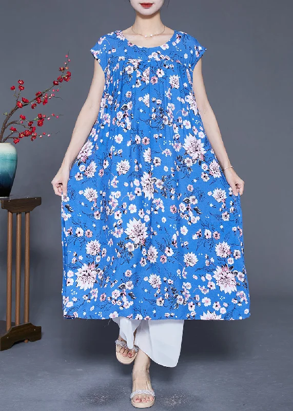 formal dressClassy Blue Print Wrinkled Cotton A Line Dresses Summer