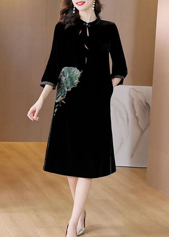 casual shift dressWomen Black O-NeckPockets Button Silk Velour Long Dresses Bracelet Sleeve