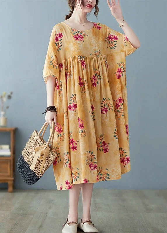 puff sleeve dressCute Yellow Patchwork Print Cotton Holiday Maxi Dresses Summer