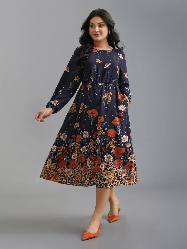 evening dressFloral Boho Print Lantern Sleeve Dress