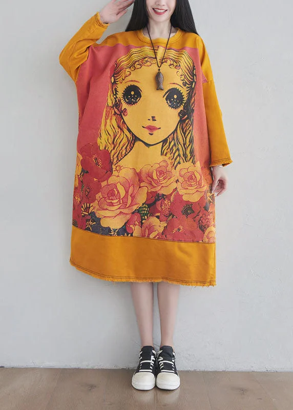 trendy dressDIY Yellow O Neck Cartoon Print Cotton Long Dress Spring