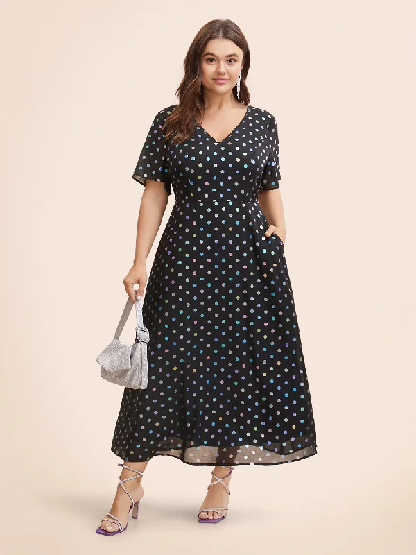 long sleeve dressV Neck Polka Dot Glitter Ruffle Sleeve Dress