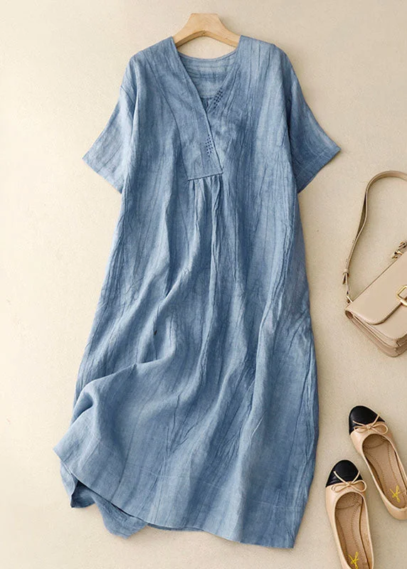 chic wrap dressDiy Blue V Neck Wrinkled Patchwork Linen Mid Dress Summer