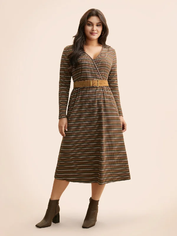 romantic dressStriped Overlap Collar Midi Dress