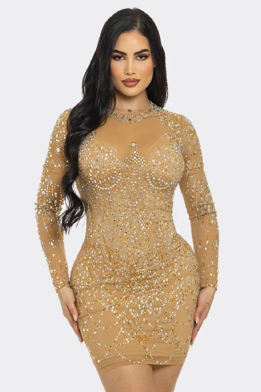 evening dressLadies Night Out / Tan Rhinestone Embellished Bodycon Mini Dress