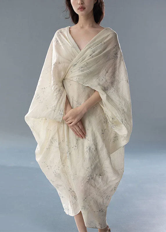 wrap-around dressFine Print Wrinkled Thin Linen Long Dresses Long Sleeve