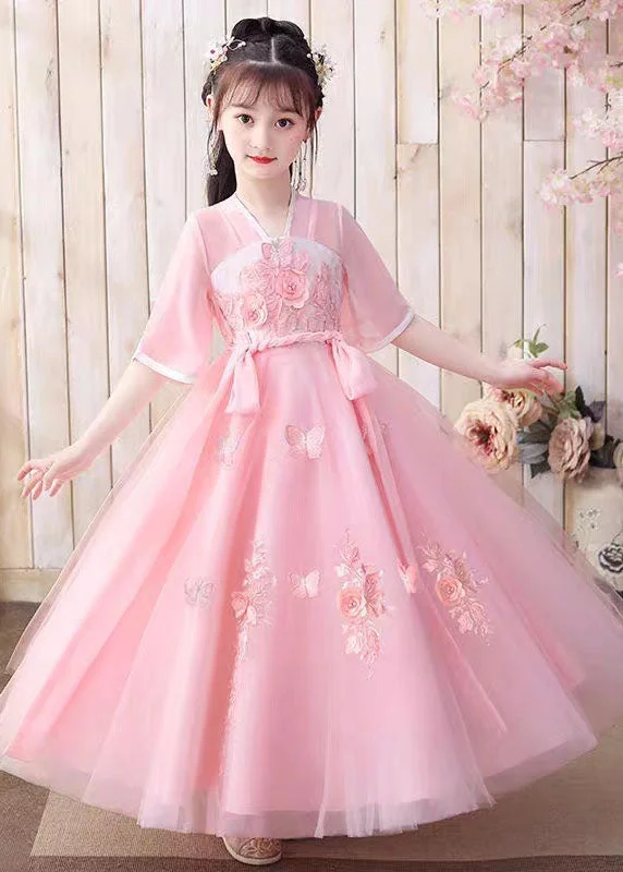 evening dressRetro Pink Floral Butterfly Embroideried Patchwork Chiffon Kids Girls Long Dresses Summer