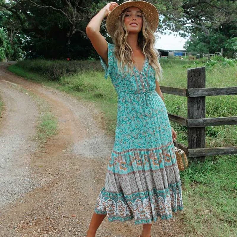 off-the-shoulder dressJuliaFashion-Blossom Gypsy Boho Maxi Dress