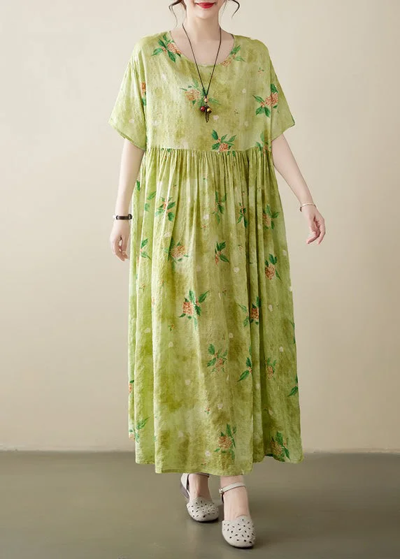 vintage-inspired dressBeautiful Yellow Green Print Wrinkled Cotton Long Dress Summer