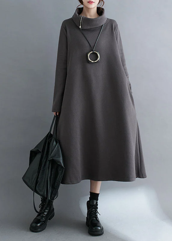 vintage-inspired dressGrey Zippered Fleece Dress Maxi Sweatshirt Dress Winter