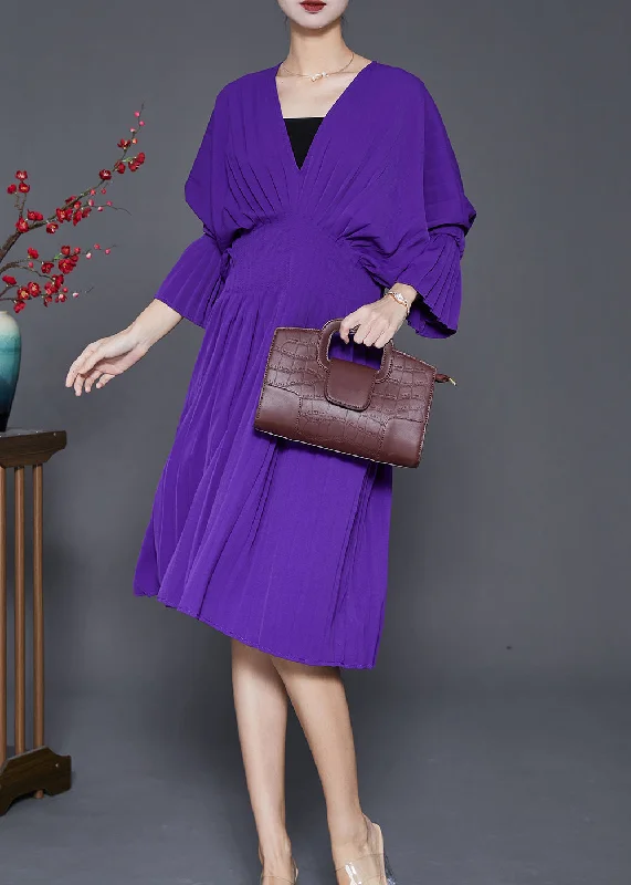 flowy dressWomen Purple V Neck Silm Fit Cotton Pleated Dress Fall