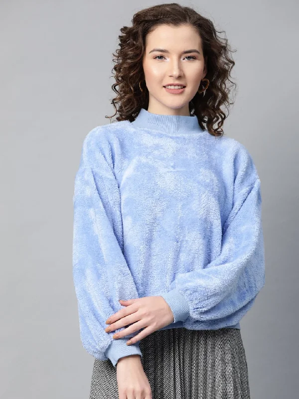 performance workout sweatshirtBlue Balloon Sleeve Faux Fur Sweatshirt