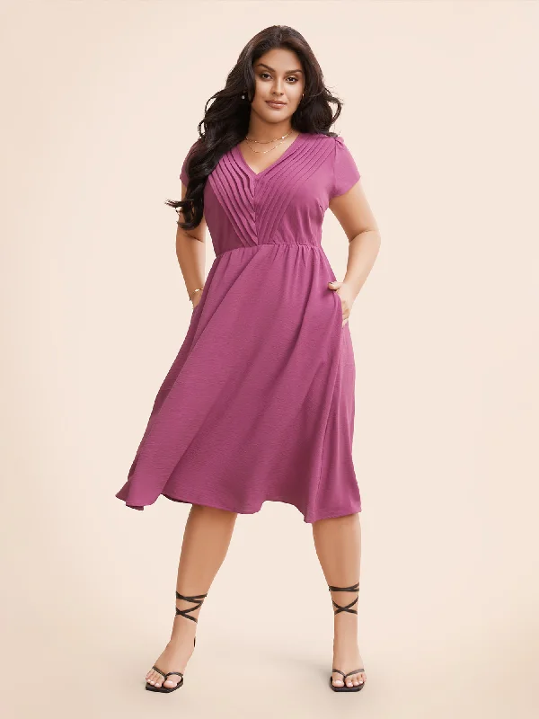 comfy maxi dressSolid Ruffle Trim V Neck Pocket Pleated Front Dress