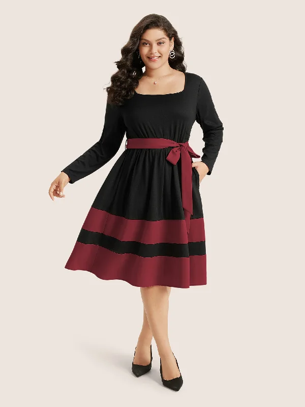 casual day dressTwo Tone Belted Bowknot Square Neck Dress