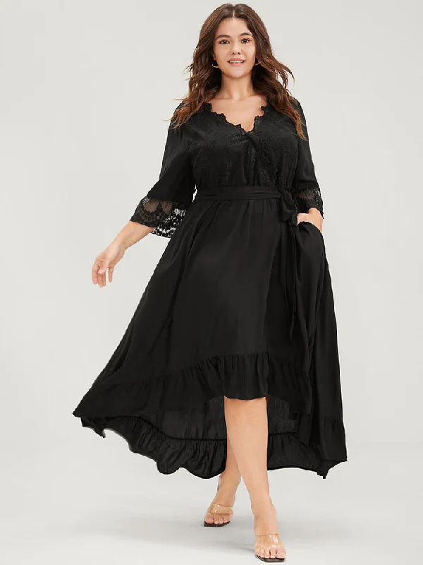 velvet dressSolid Bell Sleeve Pocket Asymmetrical Hem Belted Lace Wrap Dress