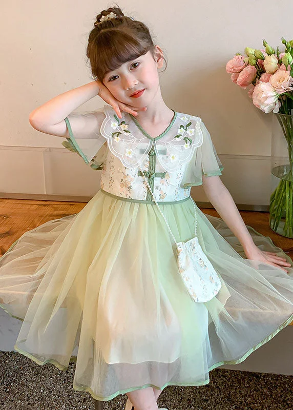 casual day dressStylish Light Green Embroideried Wrinkled Patchwork Tulle Kids Girls Dress Summer