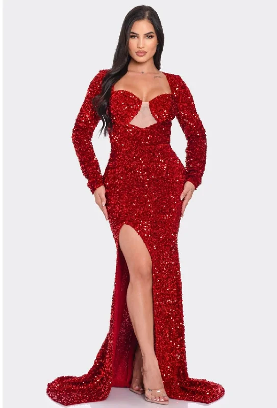 sleeveless dressStunning Holiday Red Sequin  Long Sleeve Maxi Dress