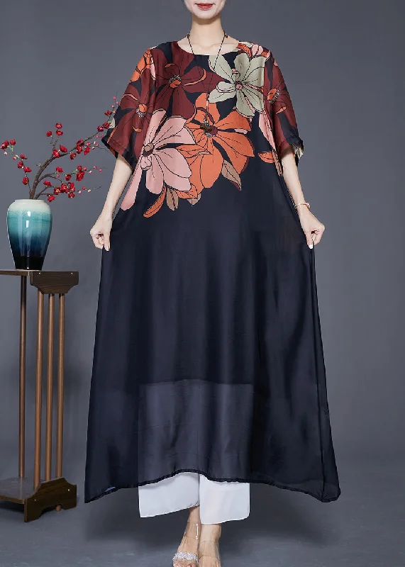 layered dressSimple Black Oversized Print Silk Maxi Dresses Summer