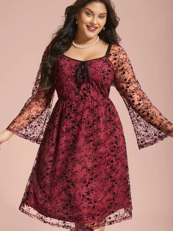 lace-up dressFloral Patchwork Mesh Neck-Tie Midi Dress