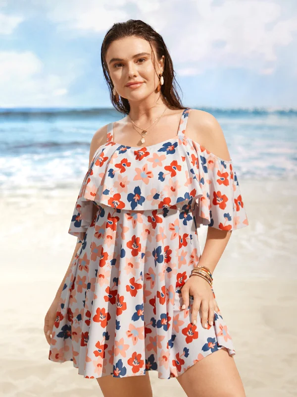 high-waisted dressContrast Floral One Shoulder Neck Ruffles Swim Dress