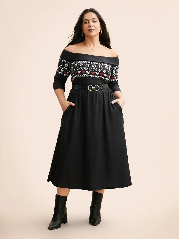 long sleeve dressGeometric Off Shoulder Neck Midi Dress