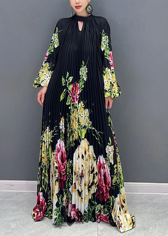 flowy dressLoose Black Print Wrinkled Patchwork Chiffon Long Dresses Fall