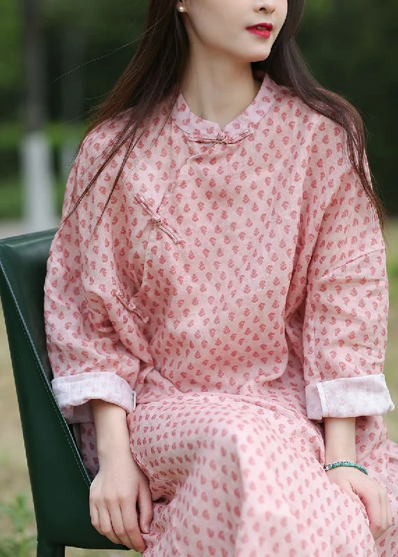 vintage dressChinese Style Pink Button Print Cotton Long Dress Spring