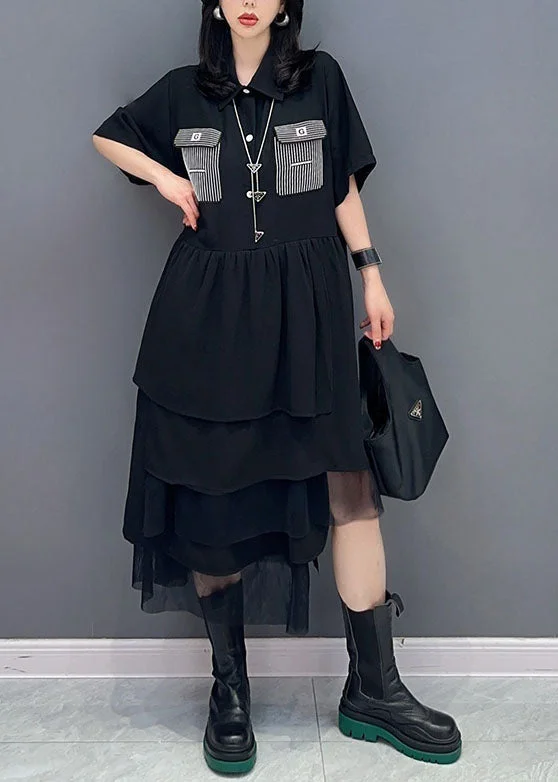 long-sleeve floral dressBeautiful Black Peter Pan Collar Wrinkled Patchwork Chiffon Dress Summer