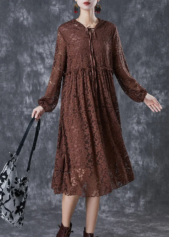 oversized dressFashion Chocolate Ruffled Hollow Out Lace Long Dresses Fall