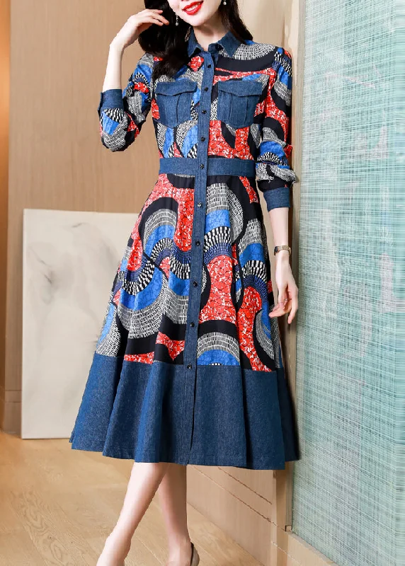 pleated dressItalian Blue Peter Pan Collar Print Patchwork Denim Dress Fall