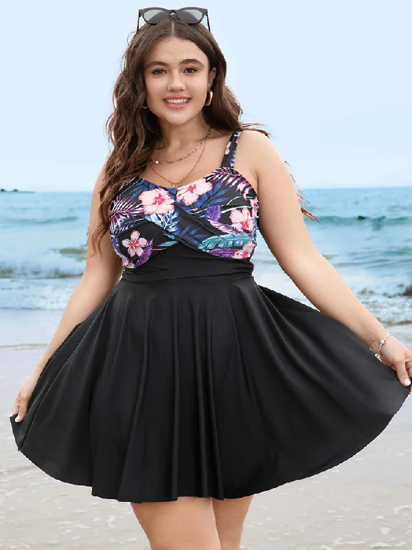 off-shoulder dressFloral Patchwork Flutter Hem Empire Waist Swim Dress